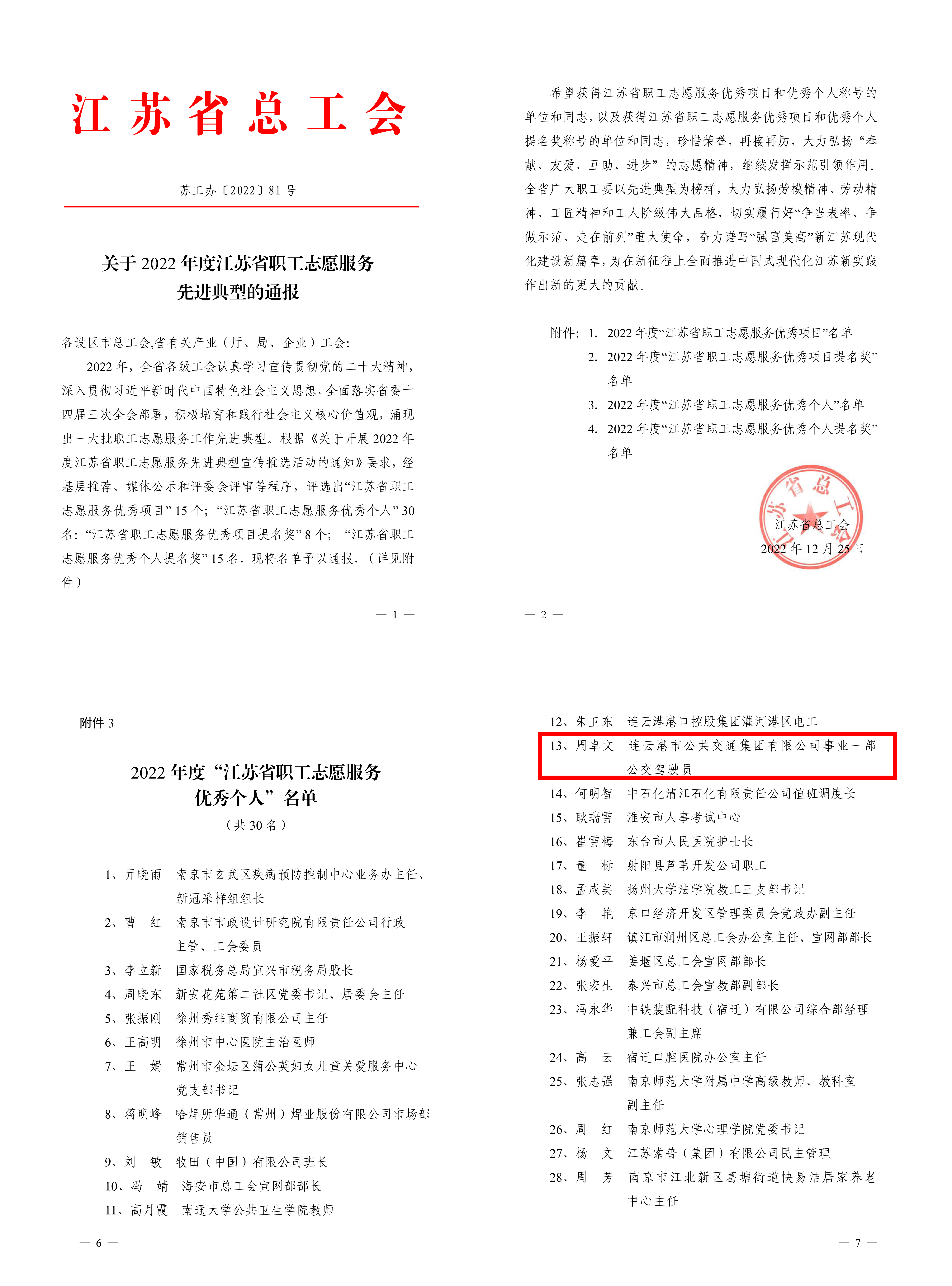 公交集团公交事业一部驾驶员周卓文荣获“江苏省职工志愿服务优秀个人”荣誉称号
