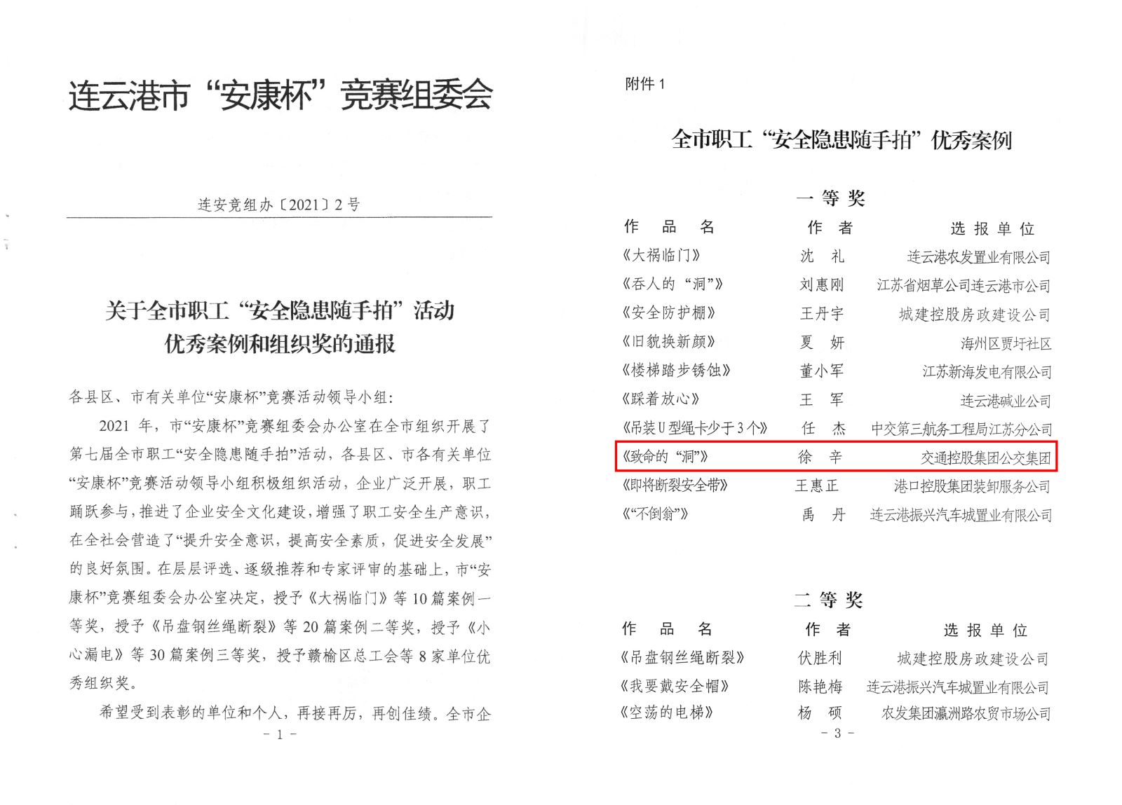 公交集团快速公交事业部徐辛荣获  “安康杯”安全隐患随手拍一等奖